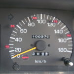 A close up of the speedometer of an automobile