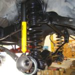 A car suspension with springs and shock absorbers.
